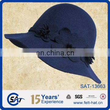 Round Crown Elegant Ladies' Church Wool Felt Hats with Self Felt Flower for Normal Day