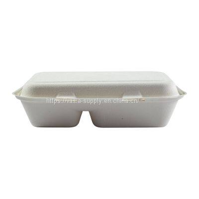 Eco friendly china wholesale price Bagasse 9×6″ Rectangular Clamshell Burger boxes 2 Compartments