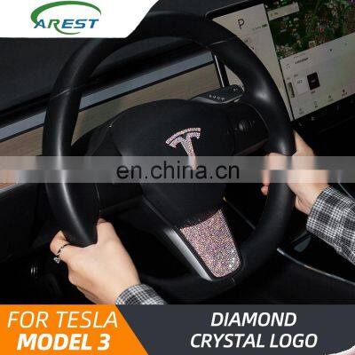 Carest Model3 Car Front Rear Logo For Tesla Model 3 S X Sticker Accessories Colorful Stone Steering Wheel For Tesla Model Three