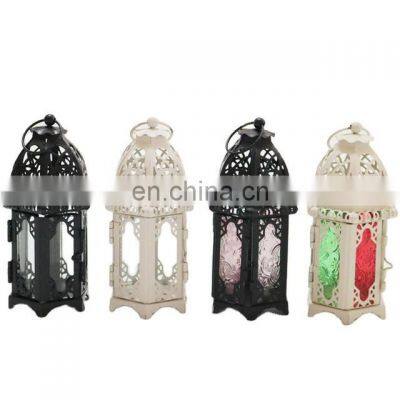 Nordic Moroccan Colorful Glass Style Lanterns metal Candle Lantern Holder romantic Castle iron art wedding decoration