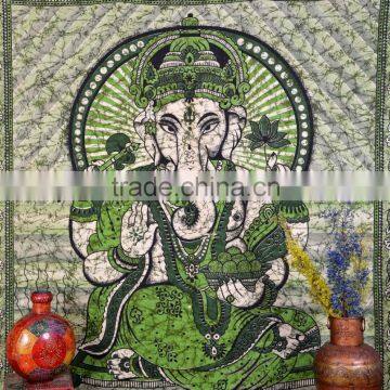 Indian Tapestry Cotton Lord Ganesha Print Green Vintage Wall Hanging Tapestries Throw Spiritual Hinduism Bedsheet photo-2