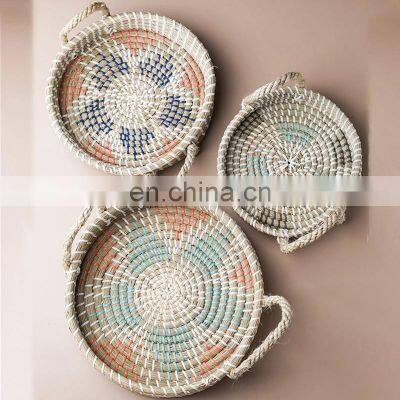 Set Of 3 Round Seagrass Serving Tray With Carrying Handle Mixed Plastic String Vietnam Supplier photo-4