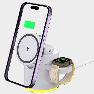 15W Wireless Charger Stand 3 In 1 Desktop Multifunctional Wireless Charger for iwtach and samsung watch With night light