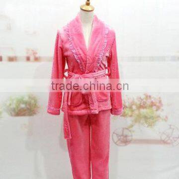 Shawl collar pink cutting flannel women pajama