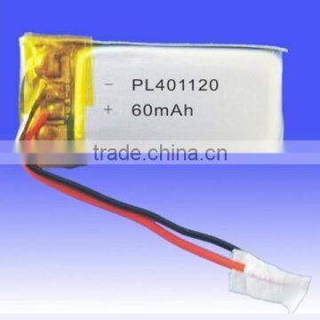 Small 60mah lipo battery 3.7v PL401120 for bluetooth headset made in china