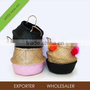 Best sales seagrass storage basket with pom pom