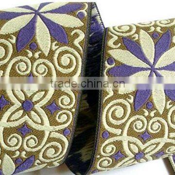 Blue pinwheel zinnia golden brown woven jacquard ribbon wholesale