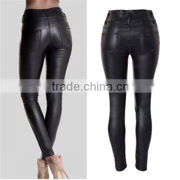 2016 Autumn Fashion Women Metal Button Belt Loop Black Sexy Tight Trousers Ladies High Waist PU Leather Skinny Slimming Pants