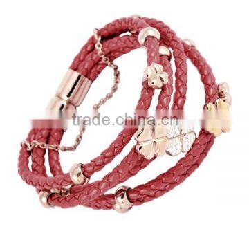 SRB3108 Fresh Choice Steel Time Leather Bracelet Red Rope with Clover Charm Bangle 316L Stainless Steel Leather Rope Bracelet