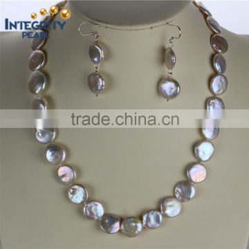 12mm AA grade coin reborn natural pearl necklace set designs, white pearl jewelry set