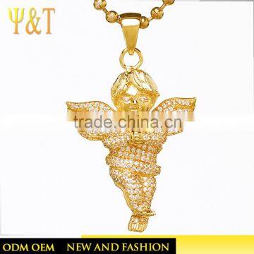Wholesale hip hop iced out angel jewelry gold plated crystal angel baby pendant necklace for women