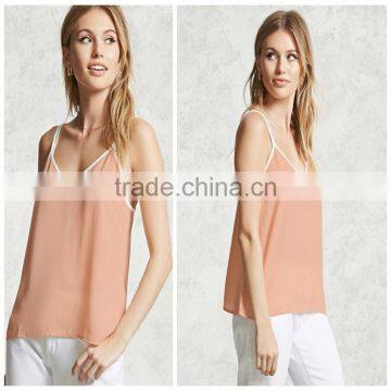 Woman Fashion Sexy Low Cut V neck Color Contrast Cami Deep Neck Tank Top