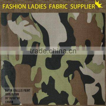 shaoxing textile fashion camo print designs for girls' dress,blouse,skirts,summer pants 100% rayon printed challis fabric