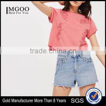 MGOO High Quality 100% Cotton Cuffed Short Sleeves Tank Top Womens Custom Floral Embroidered Crop Top