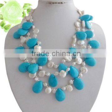 Natural design with royal blue turquiose and irregular white pearl beads necklace