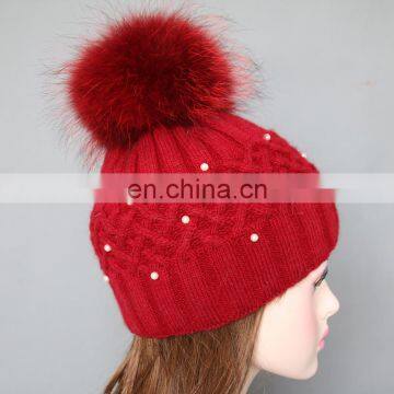 Red matching color crochet women pearls hat for winter warm