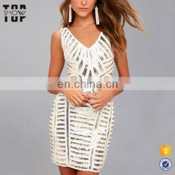 Custom white and gold sequins women party bodycon fancy dress