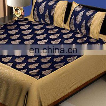 Blue Beige Printed Cotton Bed Sheet Set