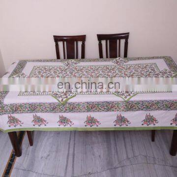 Indian Block Printed dining Table cover with napkin for six seater Pcs table. Multi color Block print Table Cloth, Table Cover