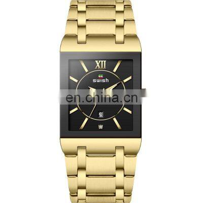 SWISH 0034 Brand Men Watch Rectangular Dial Japanese Quartz Movement Calendar Stainless Steel Strap Fashion Men Waterproof Watch