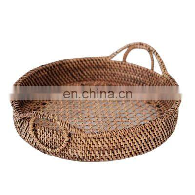 Dark Brown Round Handcrafted Rattan Serving Tray With Handle, Wicker Fruit tray Wholesale Handwoven