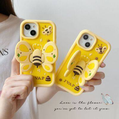 Cartoon Creative Bee Stand Phone Case for Phone 16 15 14 13 12  X XR XS Pro Max Fall Proof Soft Silicone Shockproof Cover
