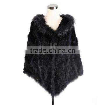 QD0807 Woman Knitted Rabbit Fur Poncho with Raccoon Fur Trim and Bigger Hood