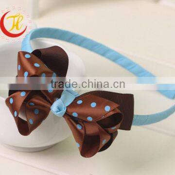 Hot-sales girl light blue polka dot bow plastic Headband Toddler baby large ribbon bow with hard Headband wh-1831