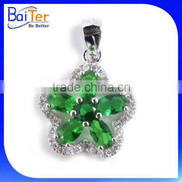 Fashion White Gold Plated Flower Shaped Cubic Zircon Pave CZ 925 Sterling Silver Lab Created Diamond Emerald Pendant