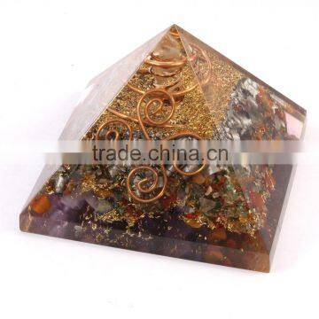 Orgone Pyramid | MIx Chakra Stone And Copper Wrap On the Crystal Point & Swastik Coil