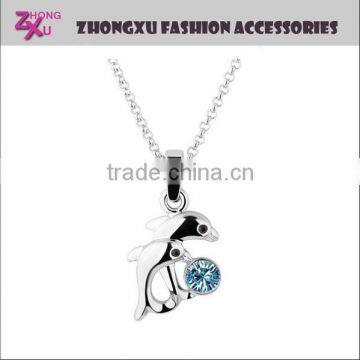 custom popular fashion lady silver and gold plated rhinestone dolphin pendant necklace jewelry