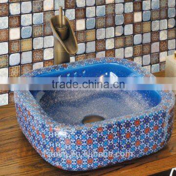 Handpainted ceramic art basin colorful countertop round sink porcelain flower edge bowl vanity top GD-F06