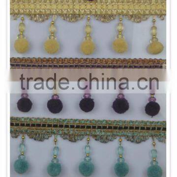 new fashion polyester pompon and bead curtain tassel fringe,pom pom tassel fringe