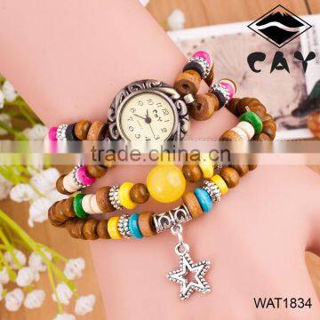 NEW Vintage Handmade Buddha Wooden Beads Star Bracelet Wrist Watch