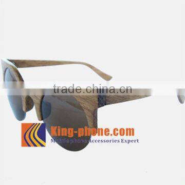 Half Rim Wood Brown Lens Round Sunglasses
