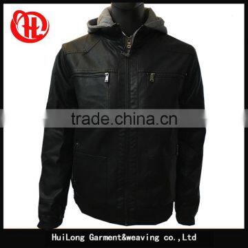 Hot sale high quality washed pu leather fleece hoody men pu jacket