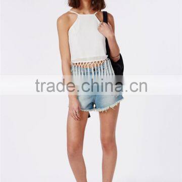 Fringed Plain White Spaghetti Strap Cami Crop Top Plain Wholesale Cheap photo-3