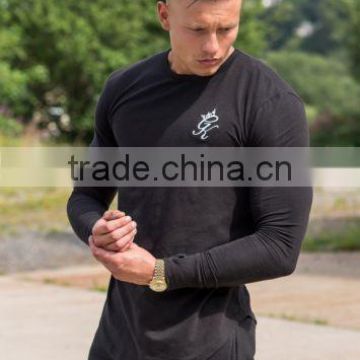 Soft Black Cotton Spandex Men's Long Sleeve T Shirt Long Drop Curved Hem T-Shirt Round Bottom T Shirt OEM Gym T Shirt