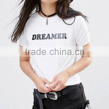 Hot Selling Women Short Sleeve Plain Cotton Round Neck t Shirt With Dreamer Print photo-3