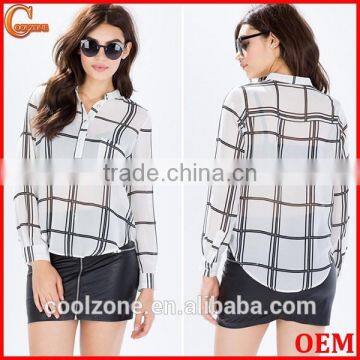 2015 New Design Sheer Chiffon Ladies Blouse Grid Print Blouses Wholesale photo-1