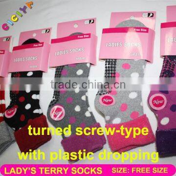 Lady socks cotton custom made terry turned screw-type socks with plastic dropping dot design socks