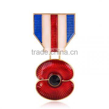 Gold Plated Red Crystal Medal Type Poppy Brooch Pins Badge Souvenir