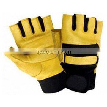 Real Leather Yellow Weight lifting and body building gloves