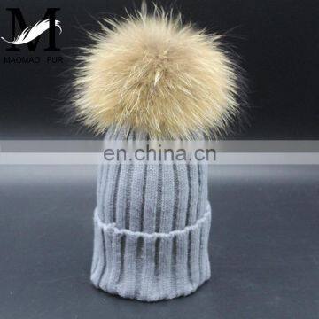 Hot Sell Cute Winter Hats Natural Raccoon Fur Pompom Beanie Cap With Ball Top Knitted Crochet Kid Hat photo-5