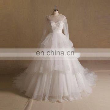 Brilliant See Through Long Sleeve Shinning Beads Bodice Wedding Gown Big Long Train Mulit Layers