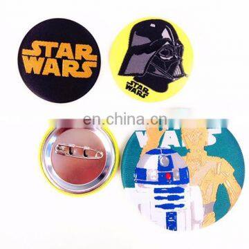 45mm Fabric name tin button badge with woven logo printed under directly factory customized