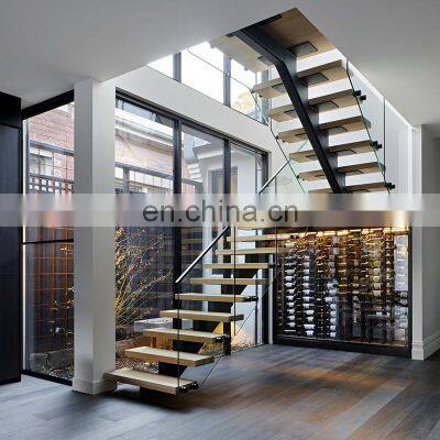 modern style indoor mono stringer glass wood staircase with stainless steel hanrail