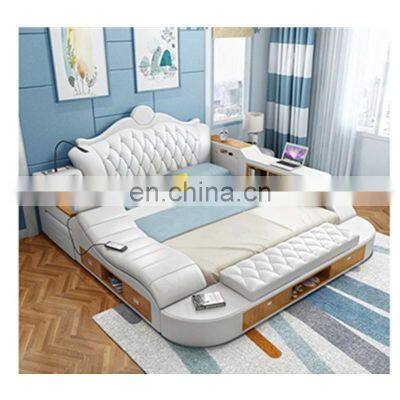 For Prefab House Modern Leather Fabric Furniture Beds Multifunction Storage With Massage Music Leather Beds