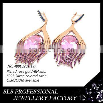 Trendy Micro Paved Jewelry Wholesale 925 Jewelry Pink Zircon Rose Gold Plated Silver Earrings with English Lock Finding