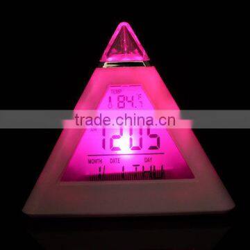 High Quality 2016 New Fashion Pyramid Temperature 7 Colors LED Change Backlight LED Alarm Clock